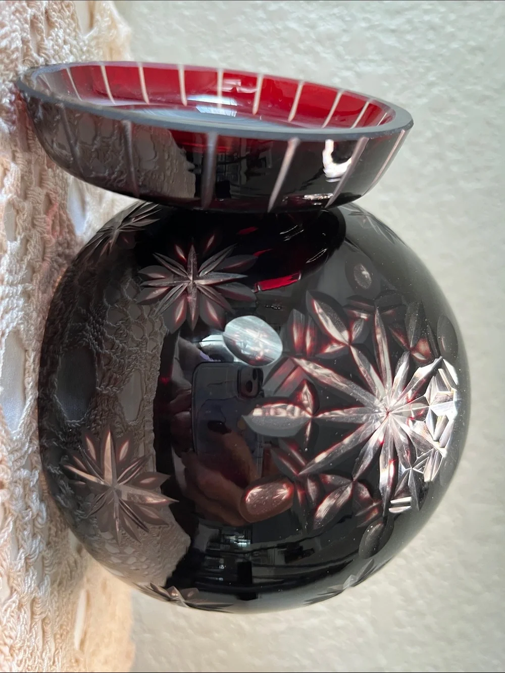 Bohemian Czech Ruby Cut to Clear Crystal Covered Globe Candle Holder 5”